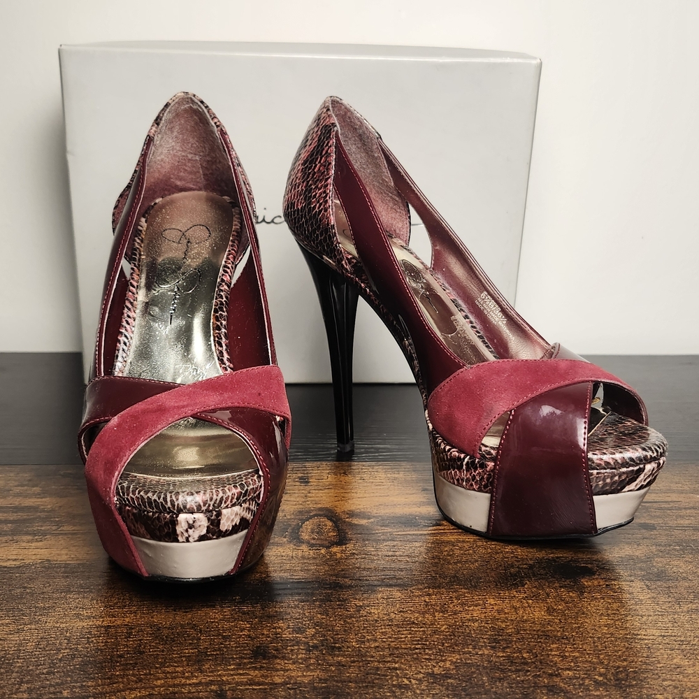 Jessica Simpson Burgundy and Snake Print Heels